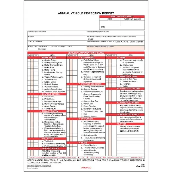 Annual Vehicle Inspection Report Form 20-pk. - Snap-Out Format, 2-Ply, Carbonless, 8.5" x 11.75"