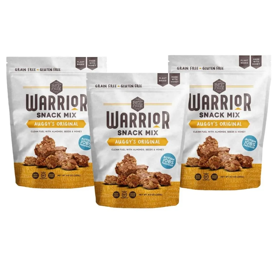 BeeFree Warrior Mix Gluten Free Granola - Chunky Granola Bites | Paleo Granola, Low Carb, Grain Free, Preservative Free, Oat Free | Granola for Yogurt, Low Calorie Snacks | Auggy’s Original Mix, 9 Ounce Bags, 3 Pack