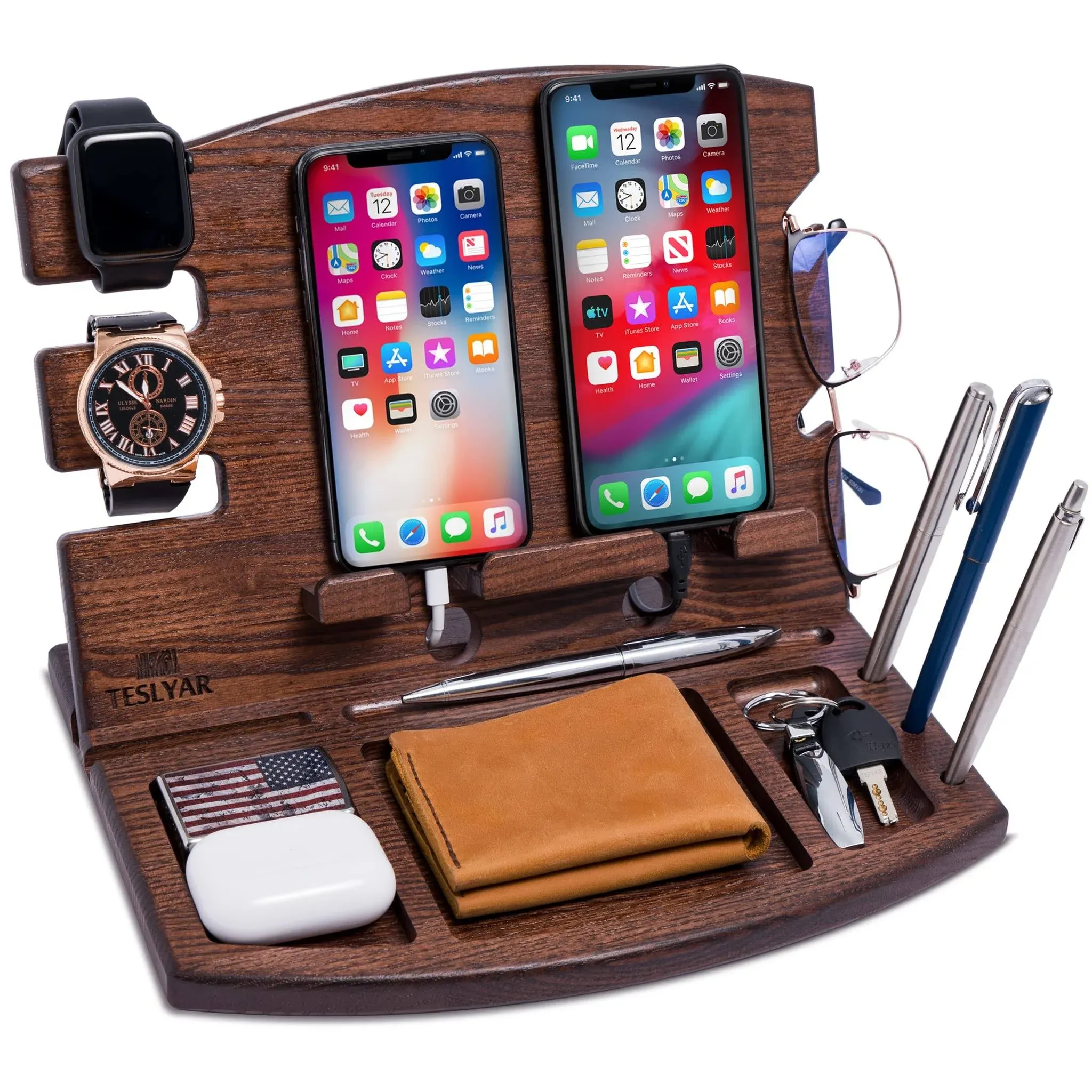 TESLYAR Gifts for Men Wood Phone Docking Station Ash Key Hooks Holder Wallet Stand Watch Organizer Men Husband Nightstand Purse Tablet Boyfriend Father Graduation Male Gadgets