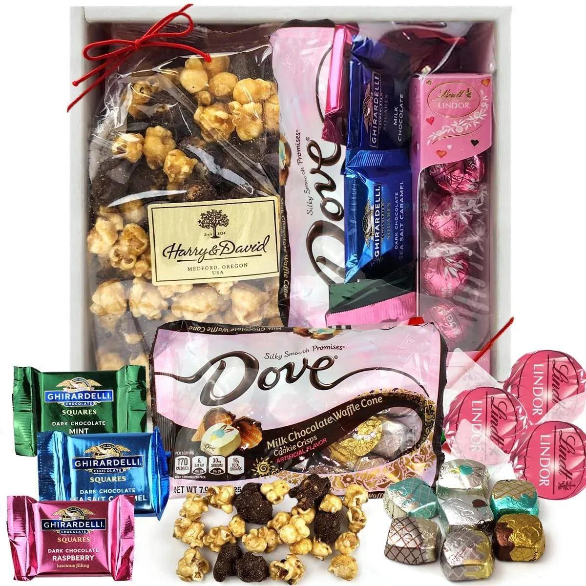 Candy And Chocolate Gift Box – Deluxe Edition Valentines Day Chocolate with Harry David Popcorn, Assorted Ghirardelli Squares, Lindt Strawberry Cream Truffles, Dove Heart-Shaped Chocolates