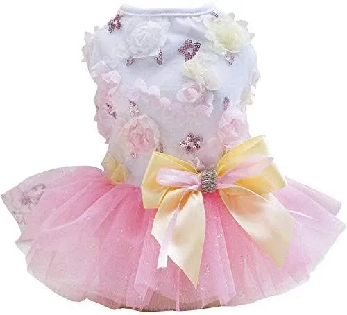 Dog Dress Puppy Skirt Dog Princess Dresses Tutu Flower and Sequin Dot Wedding Lace Dress Luxury Bow Dog Dresses for Small Dogs Girl Cat (XL, Pink)