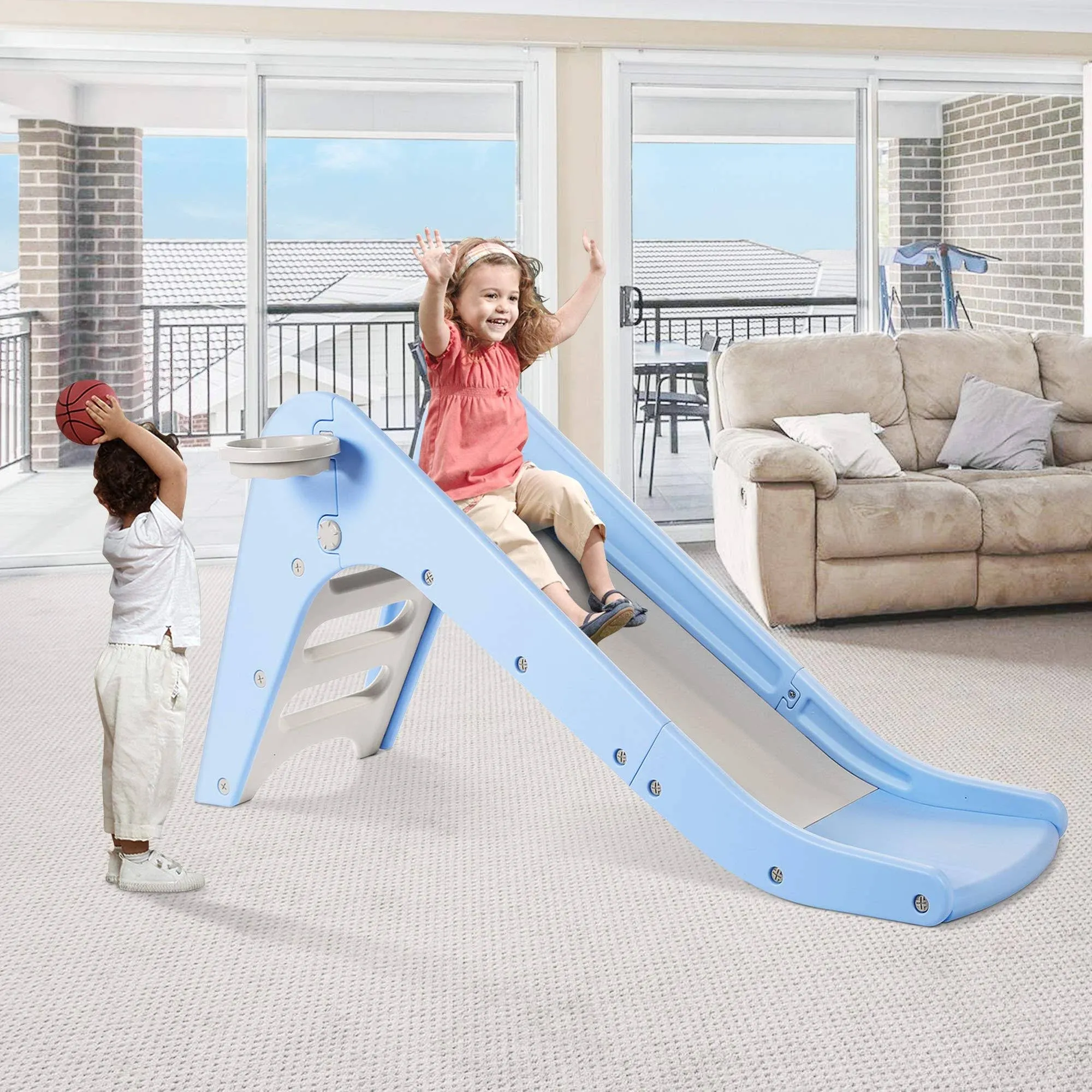 WELSPO Freestanding Slides for Kids, Baby Slide Indoor/Outdoor Climber Toddler Slide with Basketball Hoop&Ball, Kids Slides for Backyard Easy Setup (Blue+Grey)