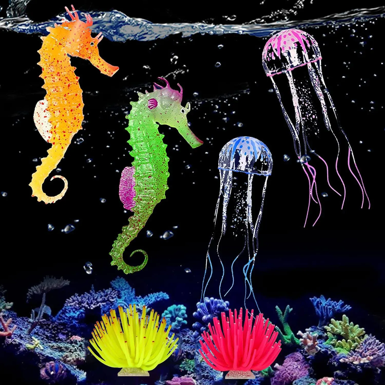 Glowing Aquarium Ornaments Silicone Fish Tank Decor Artificial Sea Anemones Decorations Including Coral Jellyfish Sea Horse, Christmas Tree Sillicon Ornament Decoration for Aquarium Fish Tank