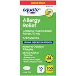 Equate 24 Hour Allergy, Cetirizine hydrochloride Tablets, 10 mg, 300 Count, Size: 300 Tablets