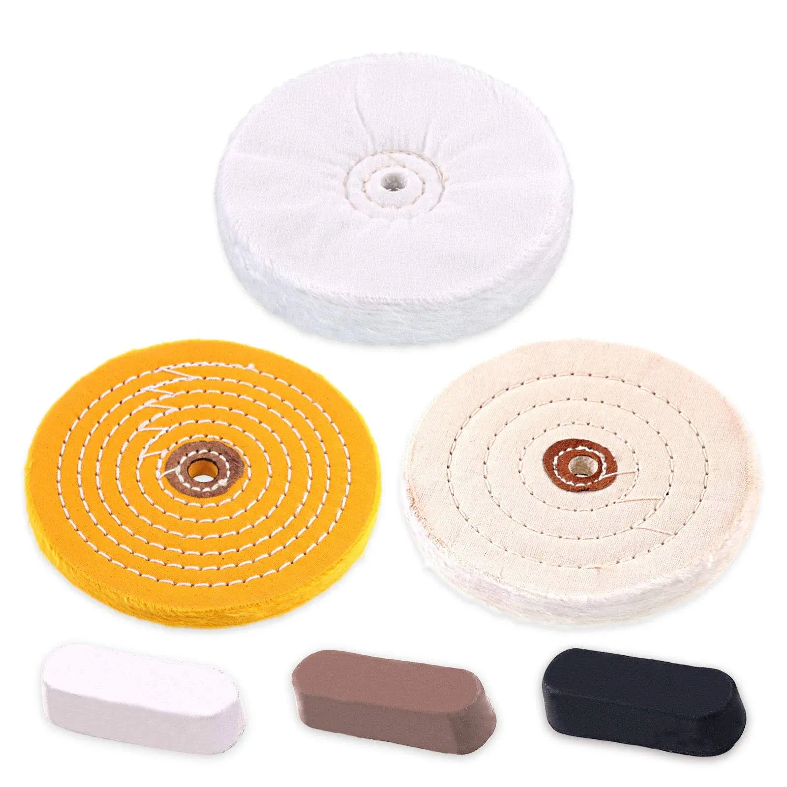 Swpeet 6Pcs 6 Inch Professional Buffing Polishing Wheels with 3 Colors Polishing Compounds Kit, Including Cotton (60 Ply), Yellow (42 Ply) and Flannel (30 Ply) with 1/2” Arbor Wheel for Bench Grindes