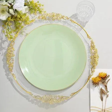 Efavormart 10 Pack | 10" Glossy Sage Green Round Plastic Dinner Plates With Gold Rim, Disposable Party Plates