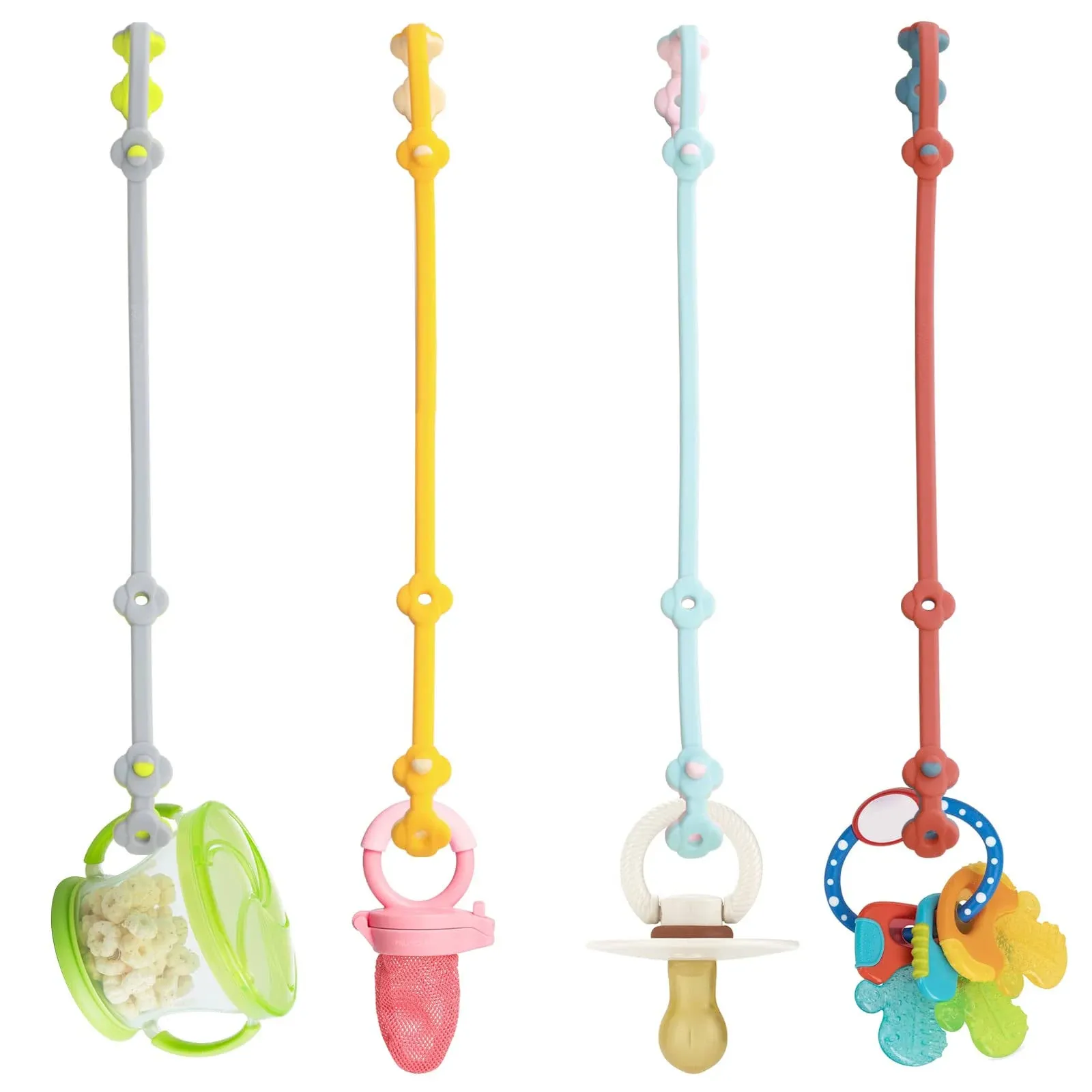 Pacifier Holder,4PK Stretchable Silicone Pacifier Clips Baby Toddler Bottle Toy Harness Straps for Strollers,Shopping Cart,High Chair,Exersaucer,Cribs