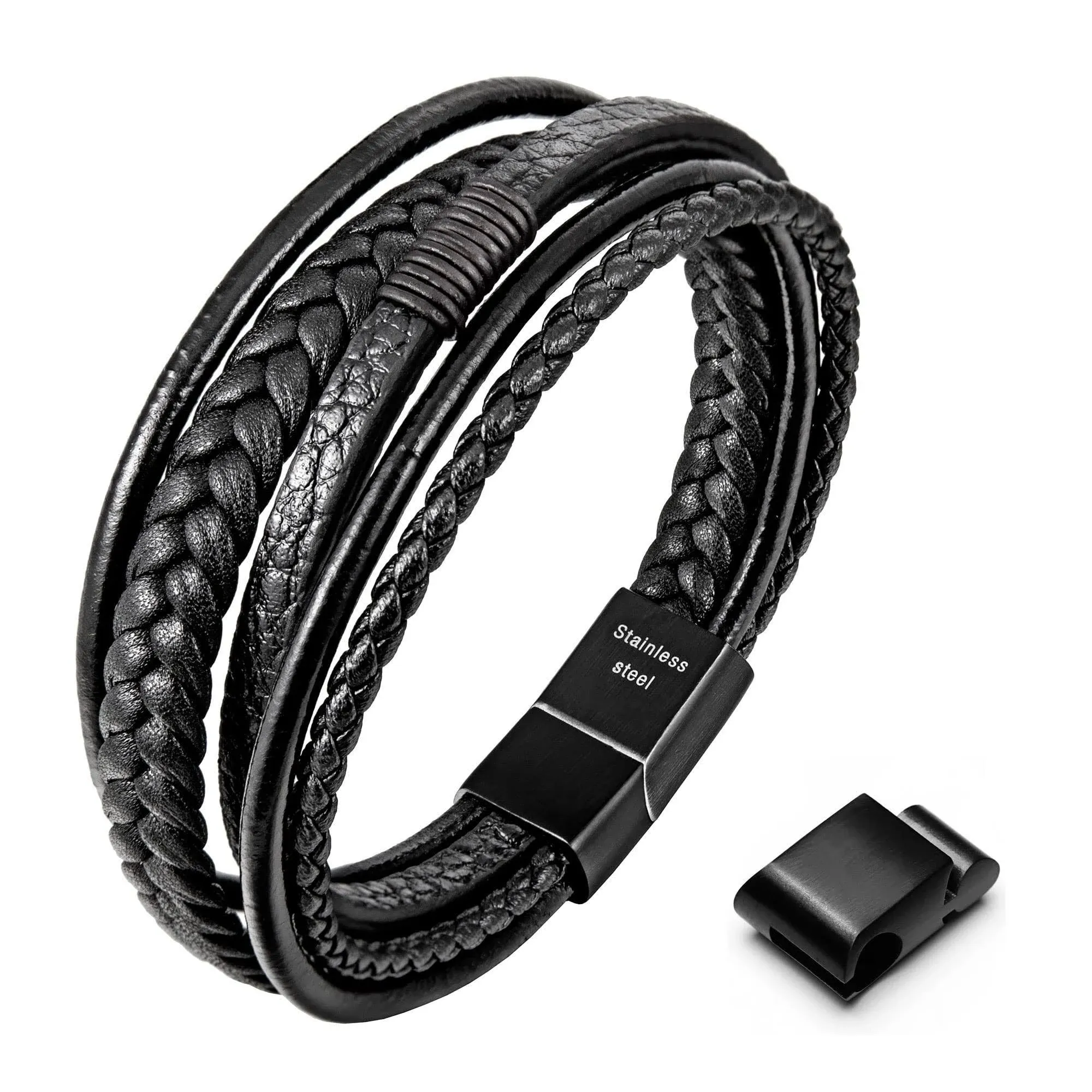 Speroto Mens Bracelet Adjustable Mens Leather Bracelet with Stainless Steel C...