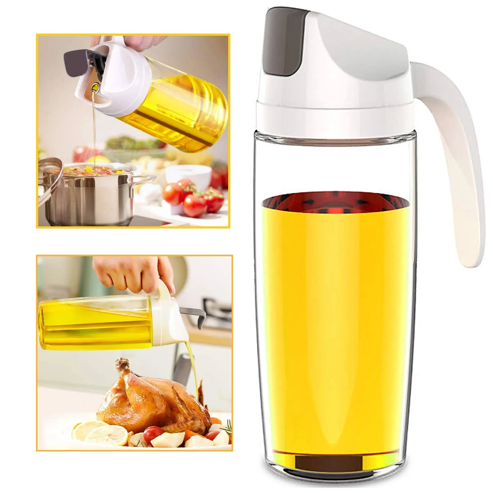 Auto Flip Olive Oil Dispenser Bottle,600 ml 20 OZ Leakproof Vinegar Glass Condiment Container With Automatic Cap and Stopper,Non-Drip Spout,Non-Slip Handle for Kitchen Cooking