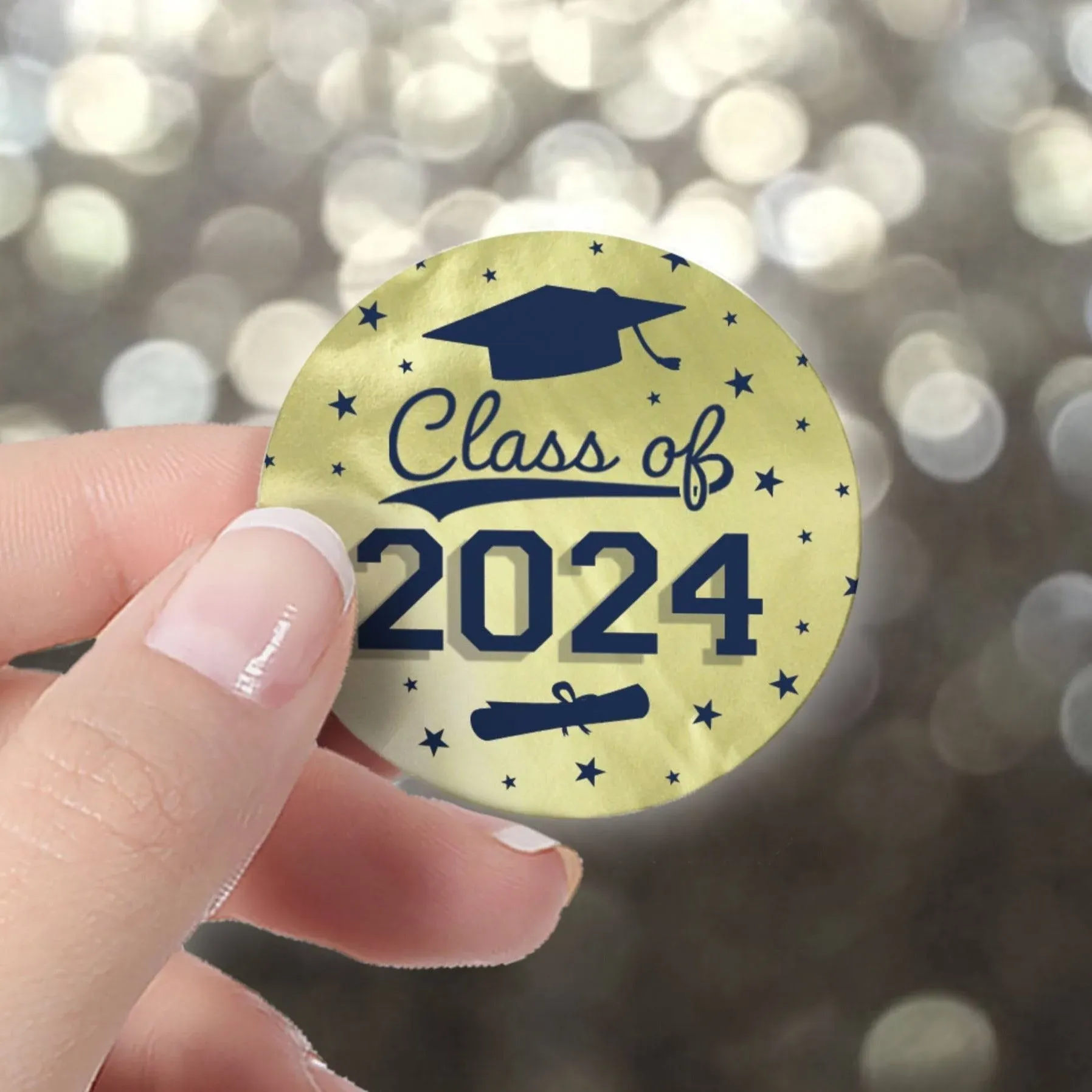 Graduation Class of 2024 Party Favor Stickers, Graduation Stickers for Envelopes, Bag Seals - 1.75 in. Round - 40 Labels (Gold Blue)