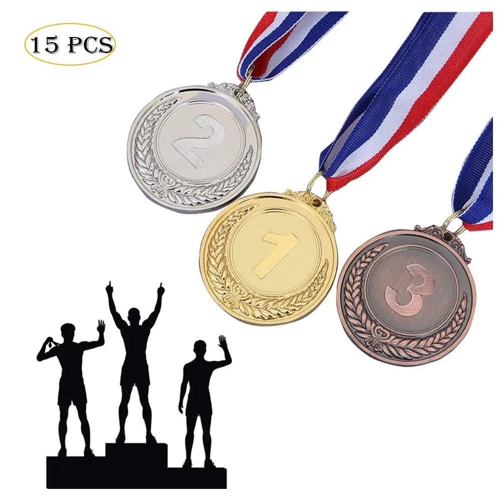 Haploon 15 Pcs Winner Gold Silver Bronze Medals, Olympic Style Medal Award Medals Bulk, Metal Acheivment Medal for Kids Youth