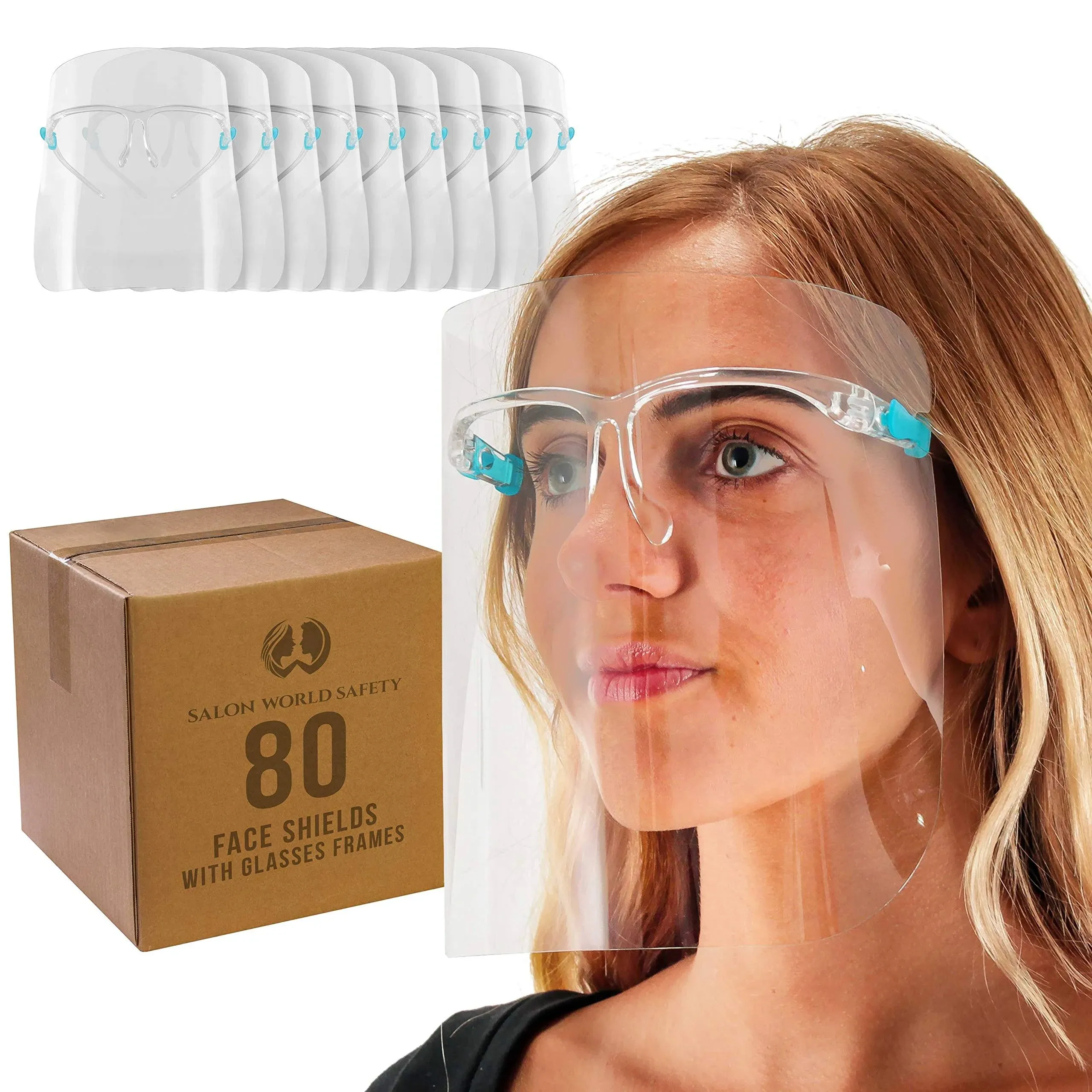 TCP Global Salon World Safety 80 Face Shields with Glasses Frames (20 Packs of 4) - Ultra Clear Protective Full Face Shields to Protect Eyes, Nose, Mouth - Anti-Fog PET Plastic, Goggles