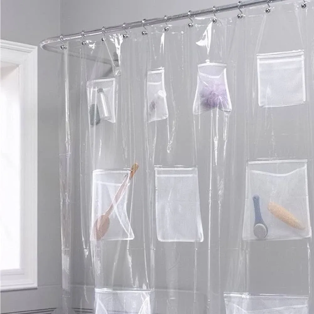 Plutreas Shower Curtain Liner with 9 Pockets, 72in x 72in (Clear)