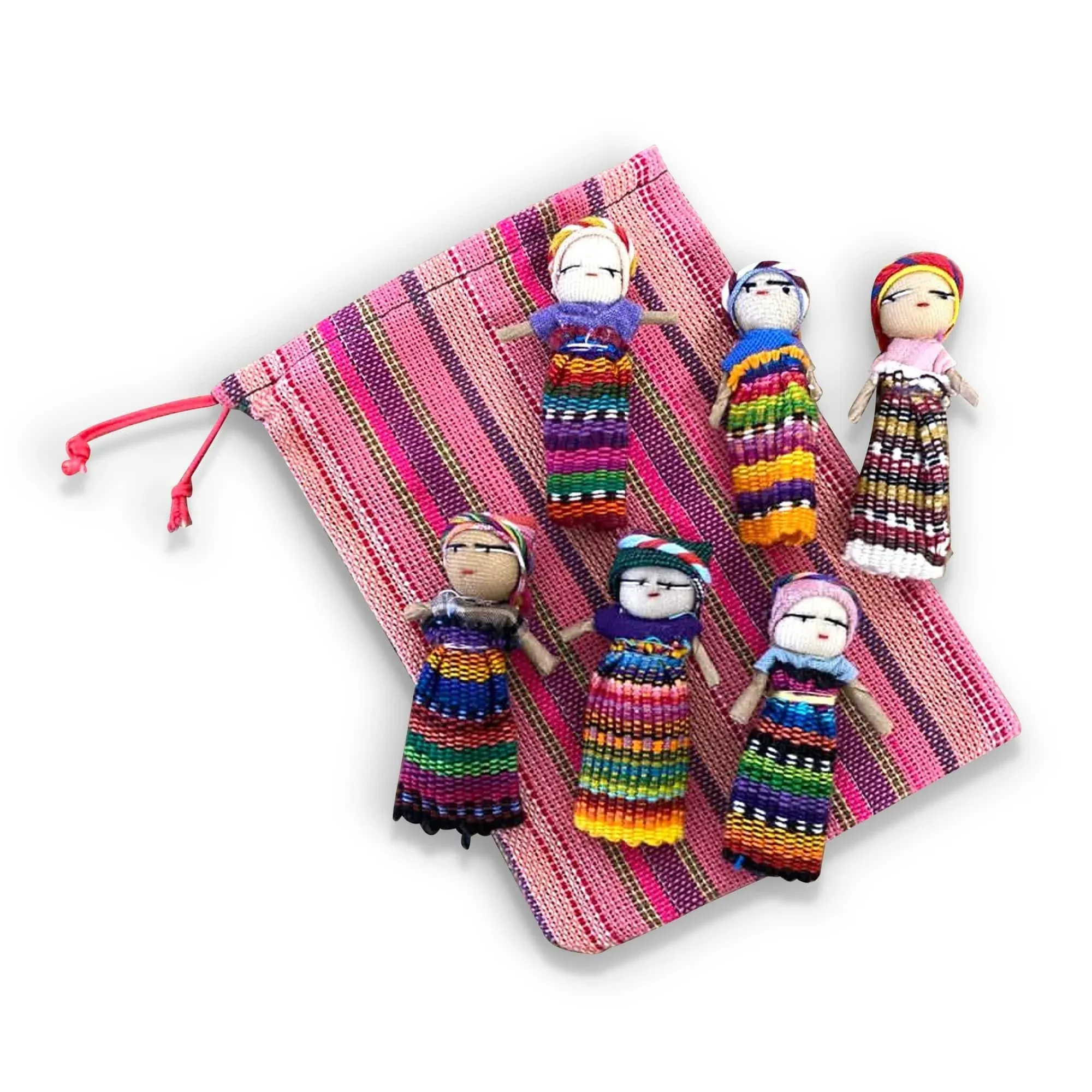 Set of 6 Guatemalan handmade Worry Dolls with a colourful crafted storage bag