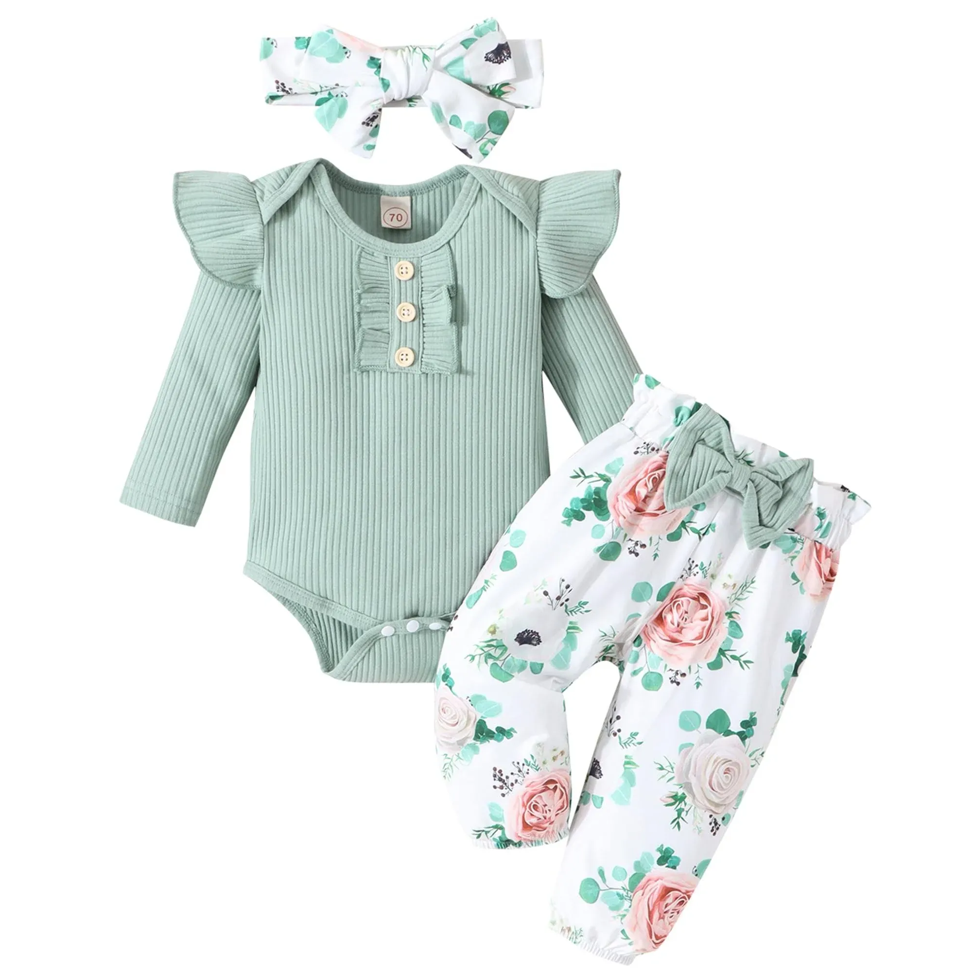 Baby Girl Clothes Newborn Infant Outfits Ruffle Romper+ Floral Pants + Cute Headband Sets for Girls