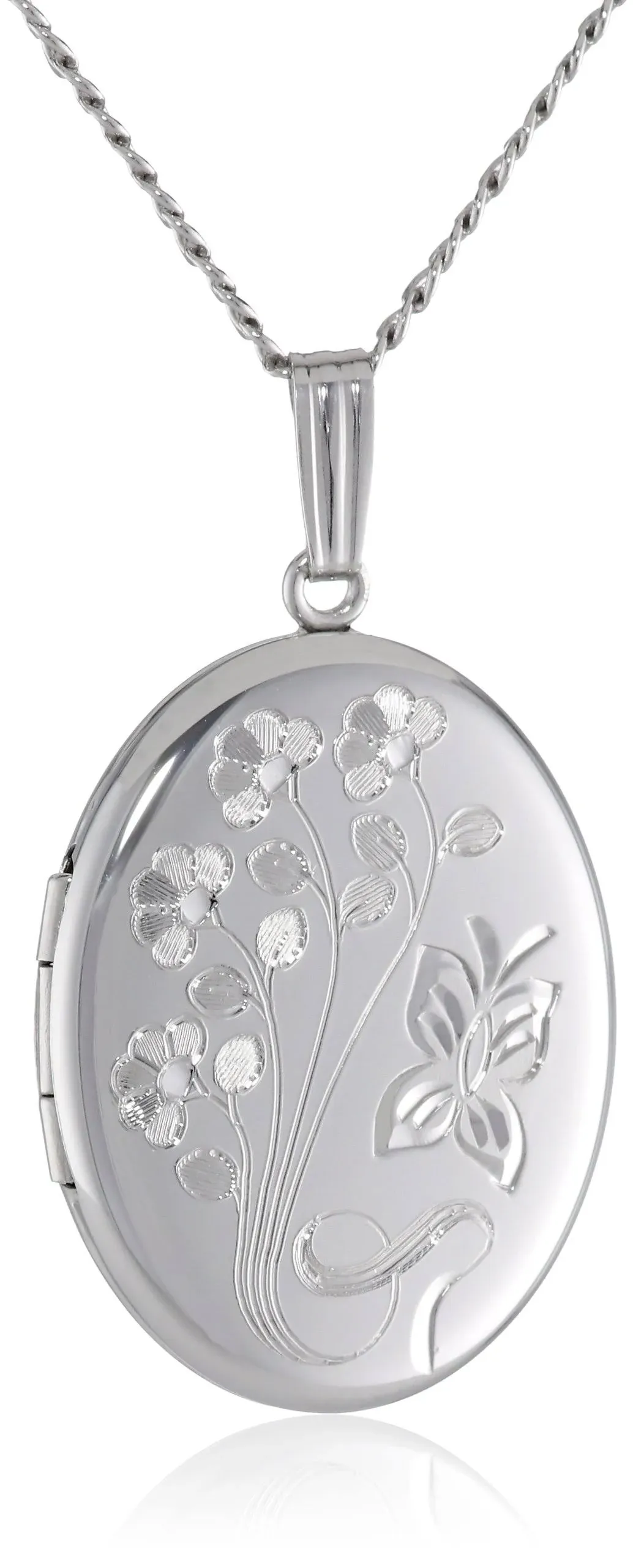 Collection Sterling Silver Engraved Flowers Oval Locket 20"