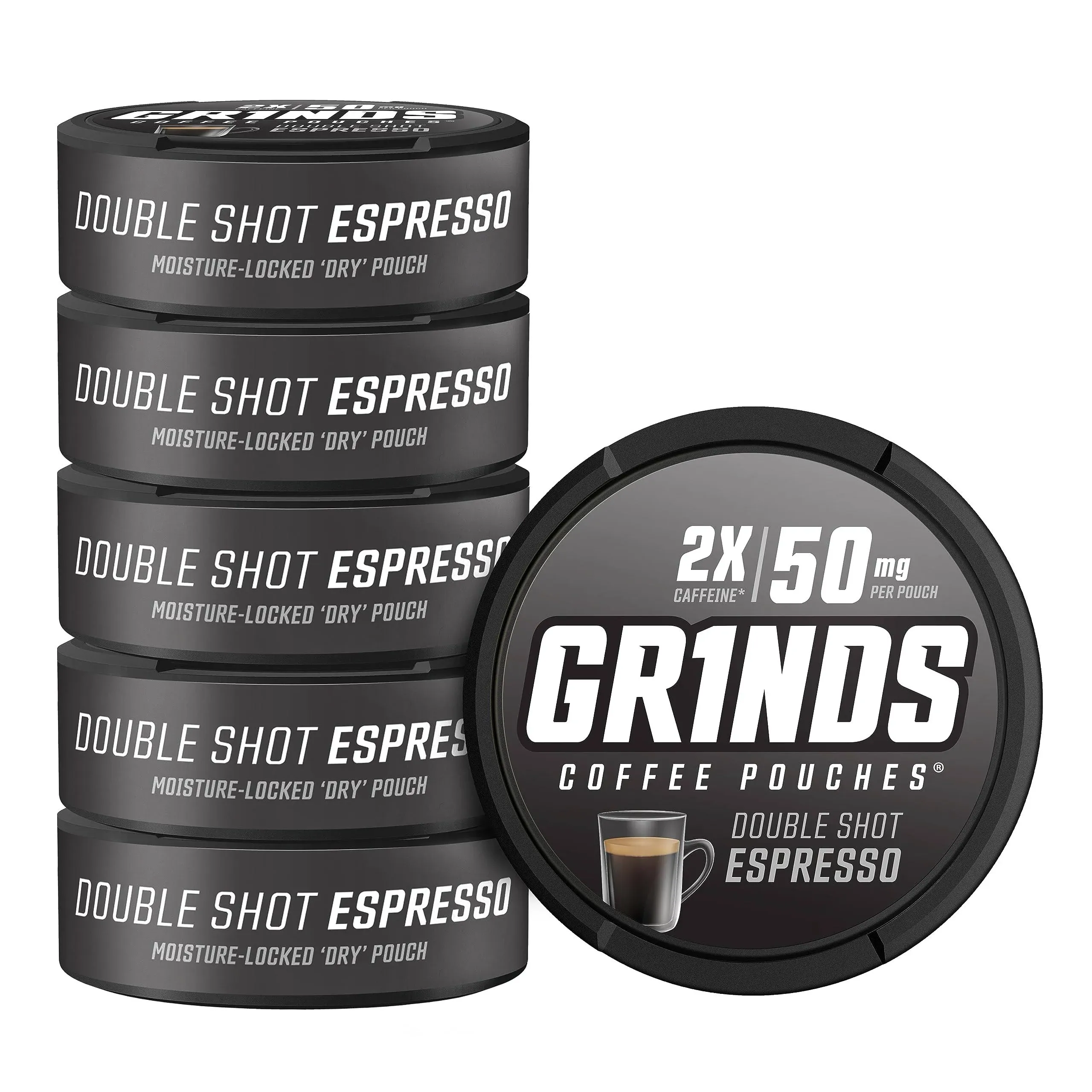 Grinds Coffee Pouches | 6 Cans of Double Shot Espresso | 18 Pouches Per Can | 2x Caffeine 1 Pouch eq. 1/2 Cup of Coffee