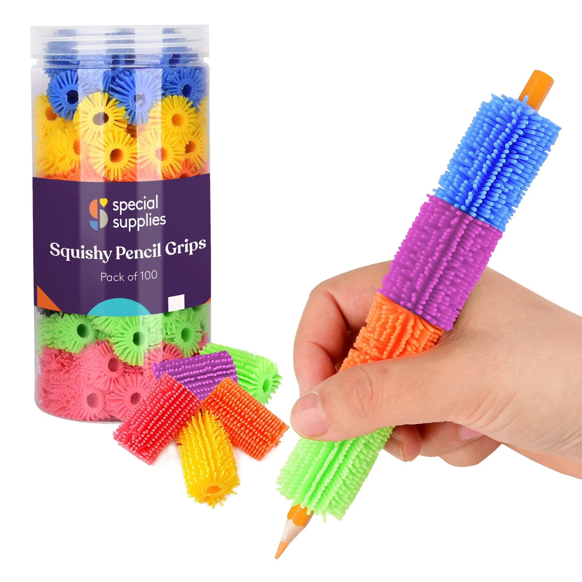 Special Supplies 100 Squishy Pencil Grips for Kids and Adults - Colorful, Cushioned Holders for Handwriting, Drawing, Coloring - Ergonomic Right or Left-Handed Use - Reusable (100-Pack)