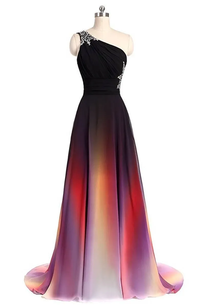 Vampal A.Rainbow One Shoulder Bridesmaid Dresses Pleat Beading Elegant Weddin