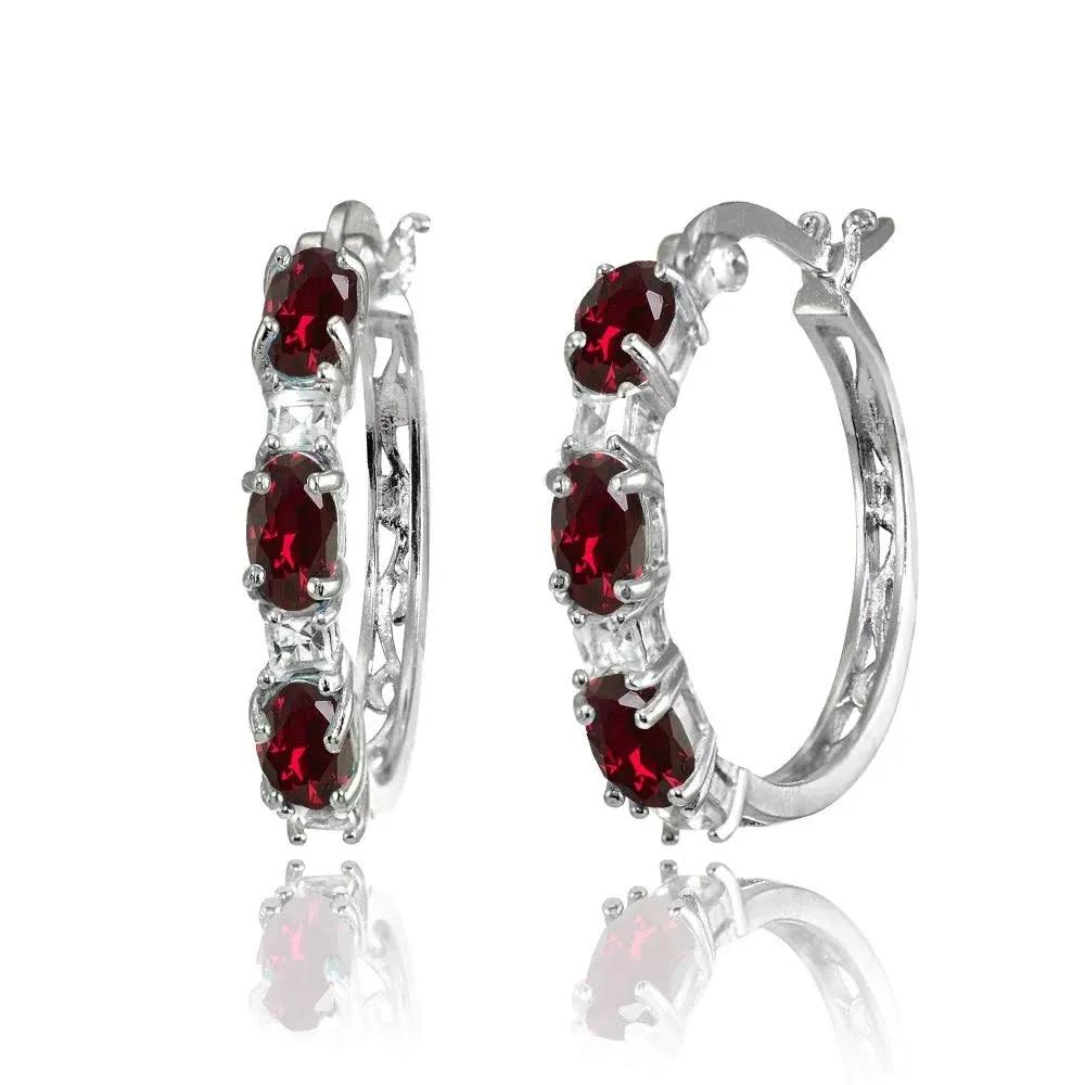 Sterling Silver Hoop Earrings, Birthstone Earrings, Oval and Princess Genuine or Synthetic Gemstone Earrings, Earrings for Women, Fashion Earrings, Trendy Earrings, Hoops Earrings for Women