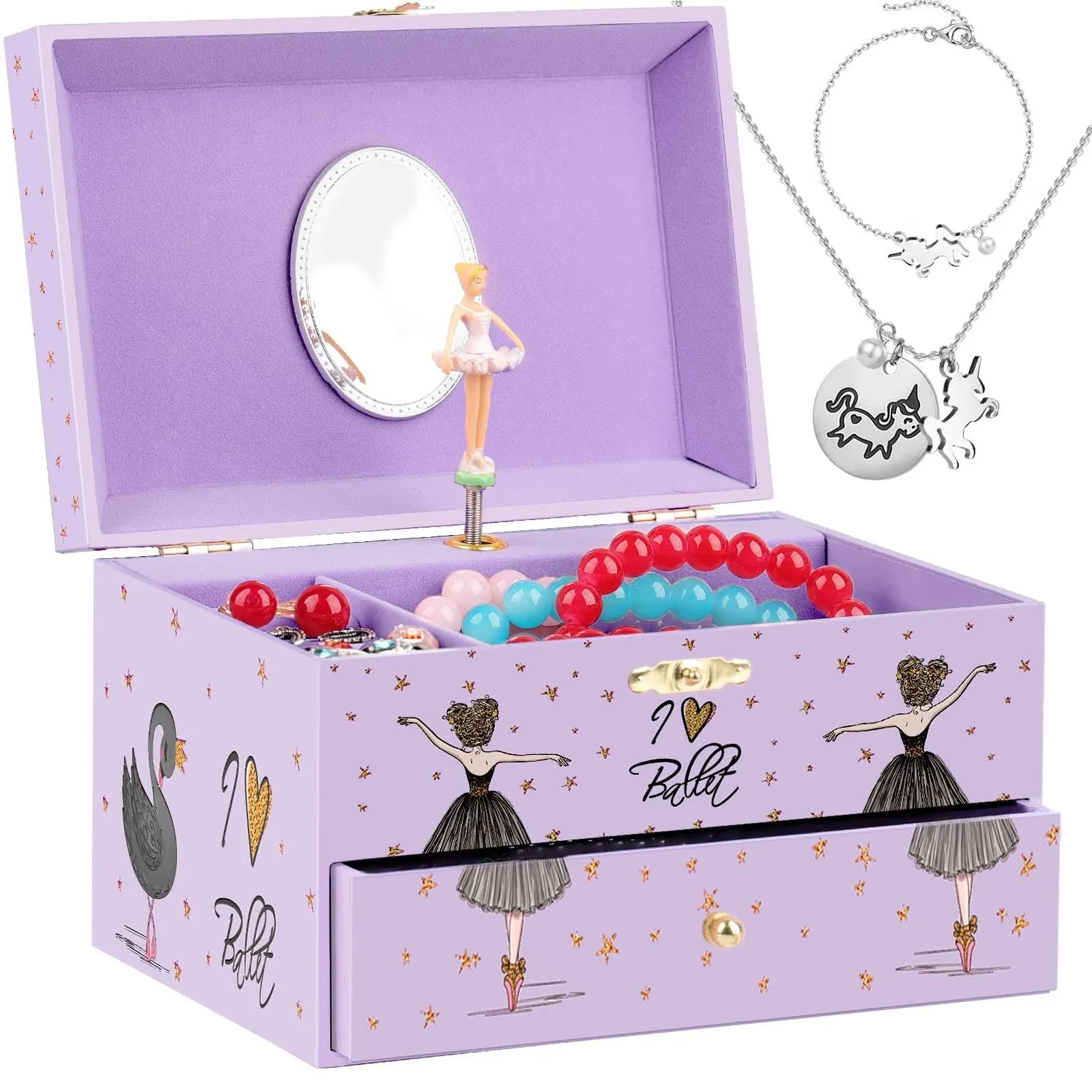 Jewelry Box for Girls Music Box Girls &amp; Unicorn Necklace and Bracelet J