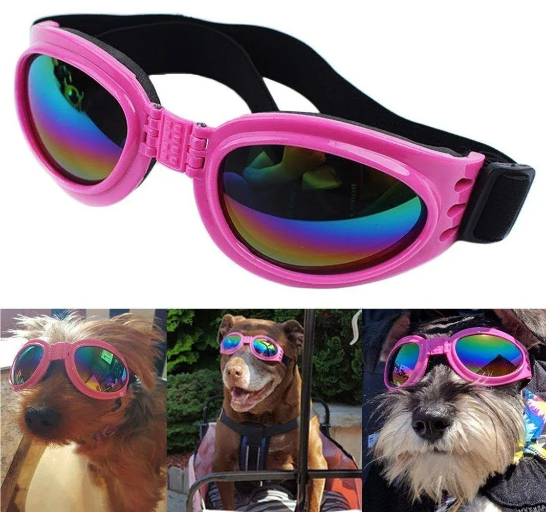 QUMY Dog Sunglasses Dog Goggles for Medium Large Breed Dogs, Wind Dust Fog Protection Eye Wear Pet Glasses with Adjustable Strap for Motorcycle Car Driving Bike Riding Hiking Swimming Over 15lbs Pink