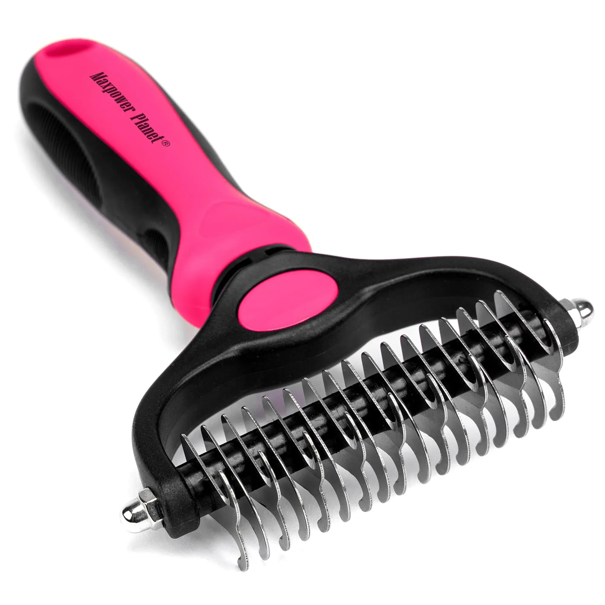 Maxpower Planet Hair Brush - Double Sided Shedding, Dematting Undercoat Rake for Dogs, Cats - Extra Wide Dog Grooming Brush, Pink