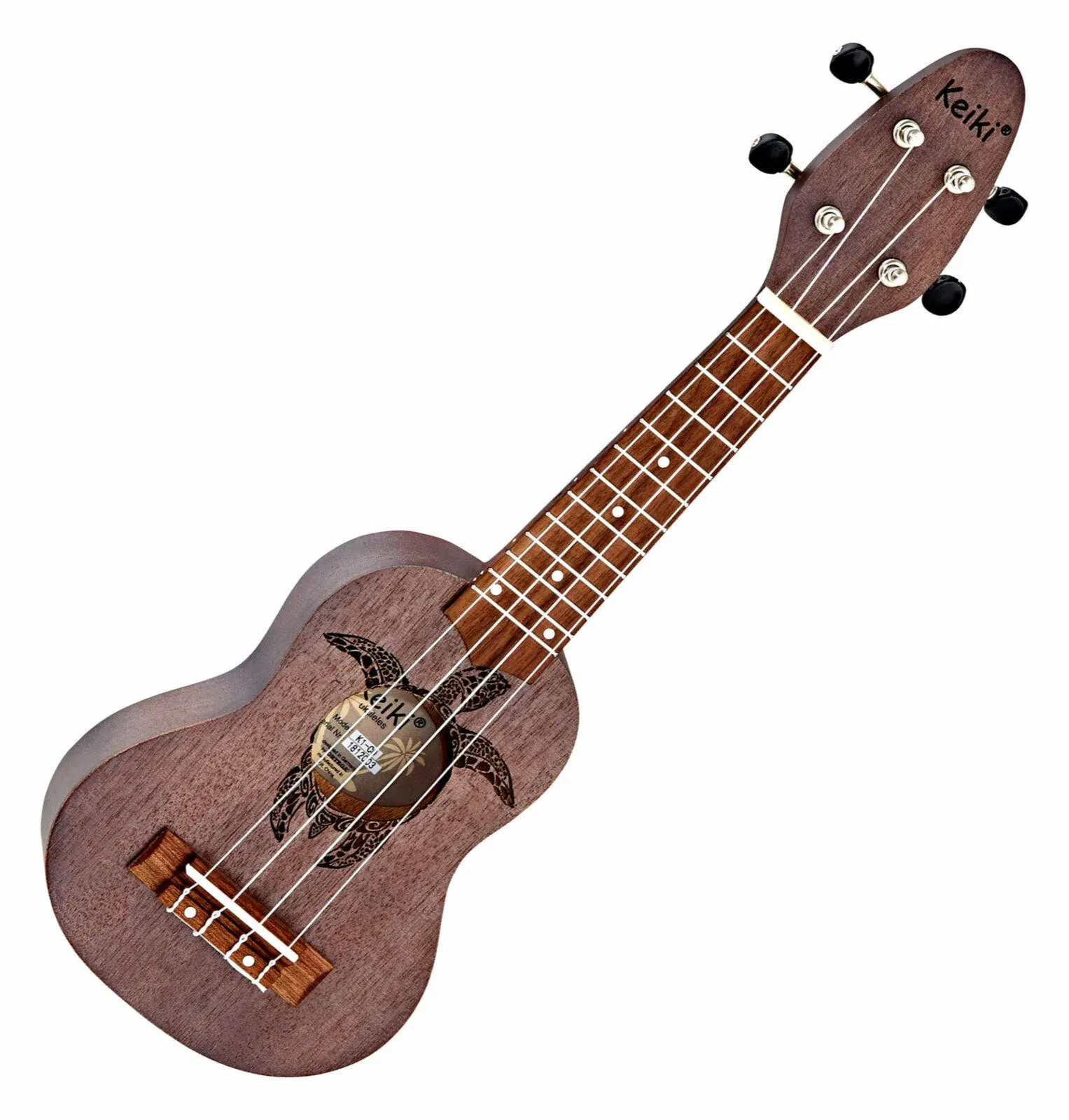 Ortega Guitars, 4-String Keiki Series Sopranino Ukulele with Turtle Etching, Right, Transparent black, (K1-CO)