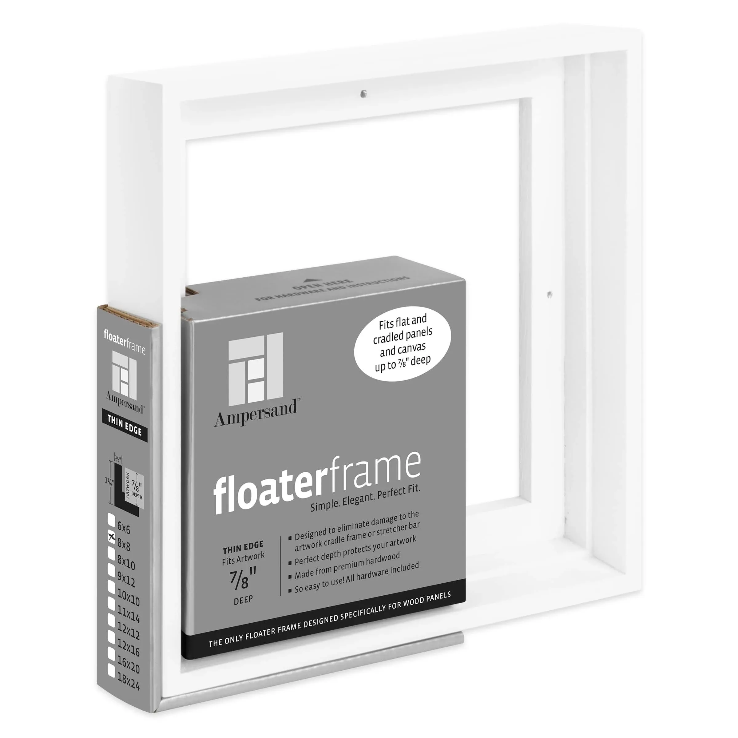 Ampersand Art Supply FTHIN780808W Floater Frame Thin 7/8in White 8x8