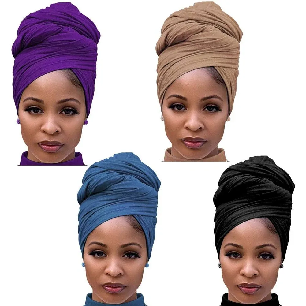 4 Packs Stretch Jersey Turban Head Wrap Scarf Headwraps for Women African Hea...