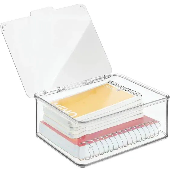 mDesign Plastic Stackable Box Home, Office Supplies Storage Organizer Box with Attached Hinged Lid - Holder Container for Note Pads, Gel Pens, Staples, Dry Erase Markers, Tape, 4 Pack - Clear