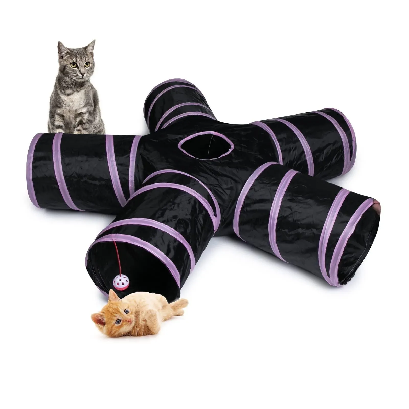 Sheldamy Cat Tunnel Toy, Collapsible 5-Way Cat Tunnel with Peek Hole and Play ...