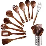 Wooden Kitchen Utensils Set With Holder 11 Pcs Teak Wooden Cooking Spoons And Sp