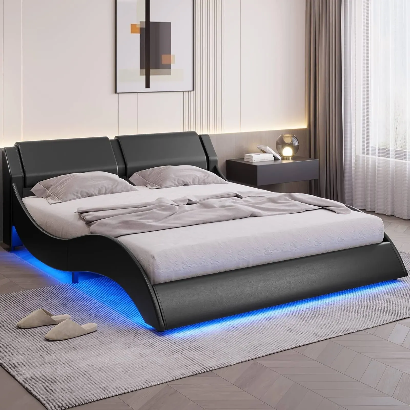 Queen Modern Upholstered Platform Bed Frame with LED Lights Wave-Like Curve LED ...