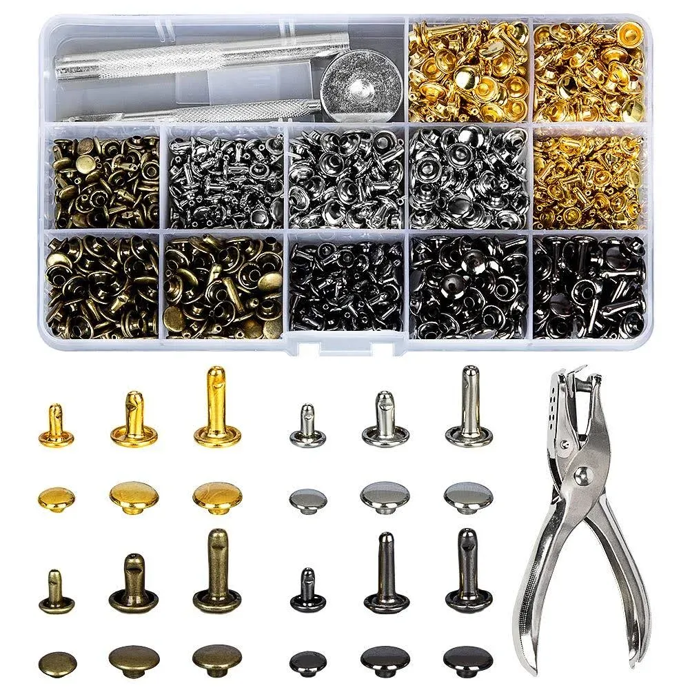 480 Sets Leather Rivets with 4 Fixing Set Tools, 3 Sizes 4 Colors