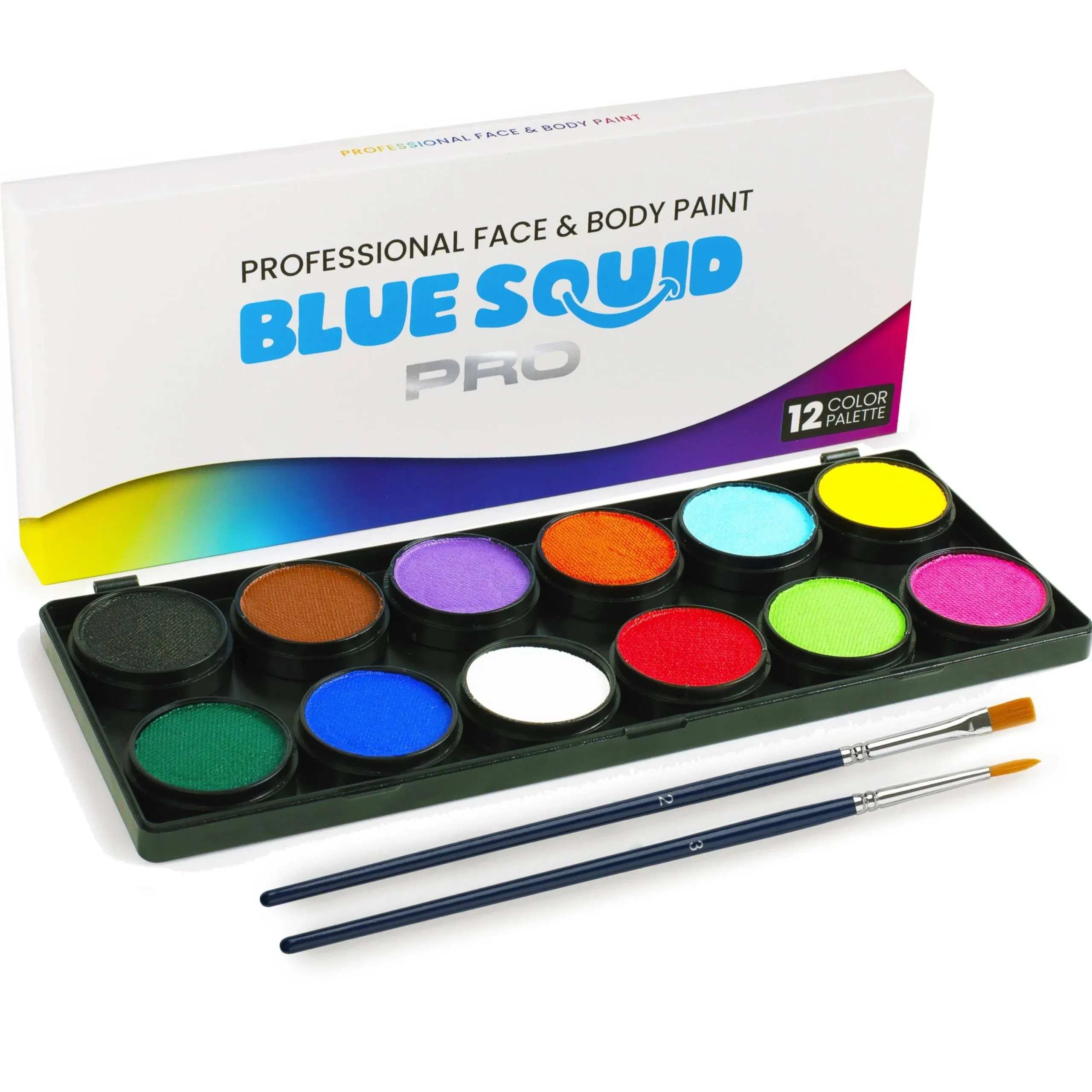 Blue Squid PRO Professional Face Painting Kit - 12 Color Palette with 2 Brushes, Face & Body Paint Kits for Adults & Kids - Safe & Washable SFX Makeup for Parties & Halloween Makeup