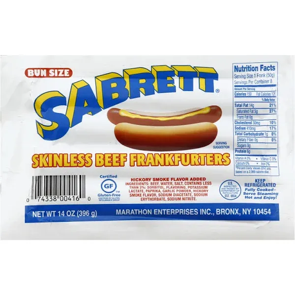 Sabrett Frankfurters, Beef, Skinless, Bun Size