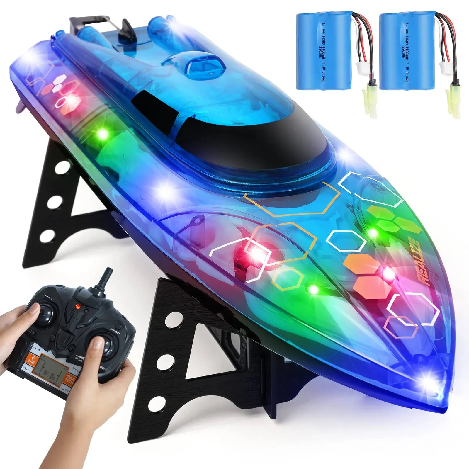 RC Boat - Remote Control Boat with LED Light for Pools and Lakes, 2.4Ghz Self-Righting RC Boats for Adults and Kids with 2 Rechargeable Battery, Low Battery Alarm, 25 km/h, Blue