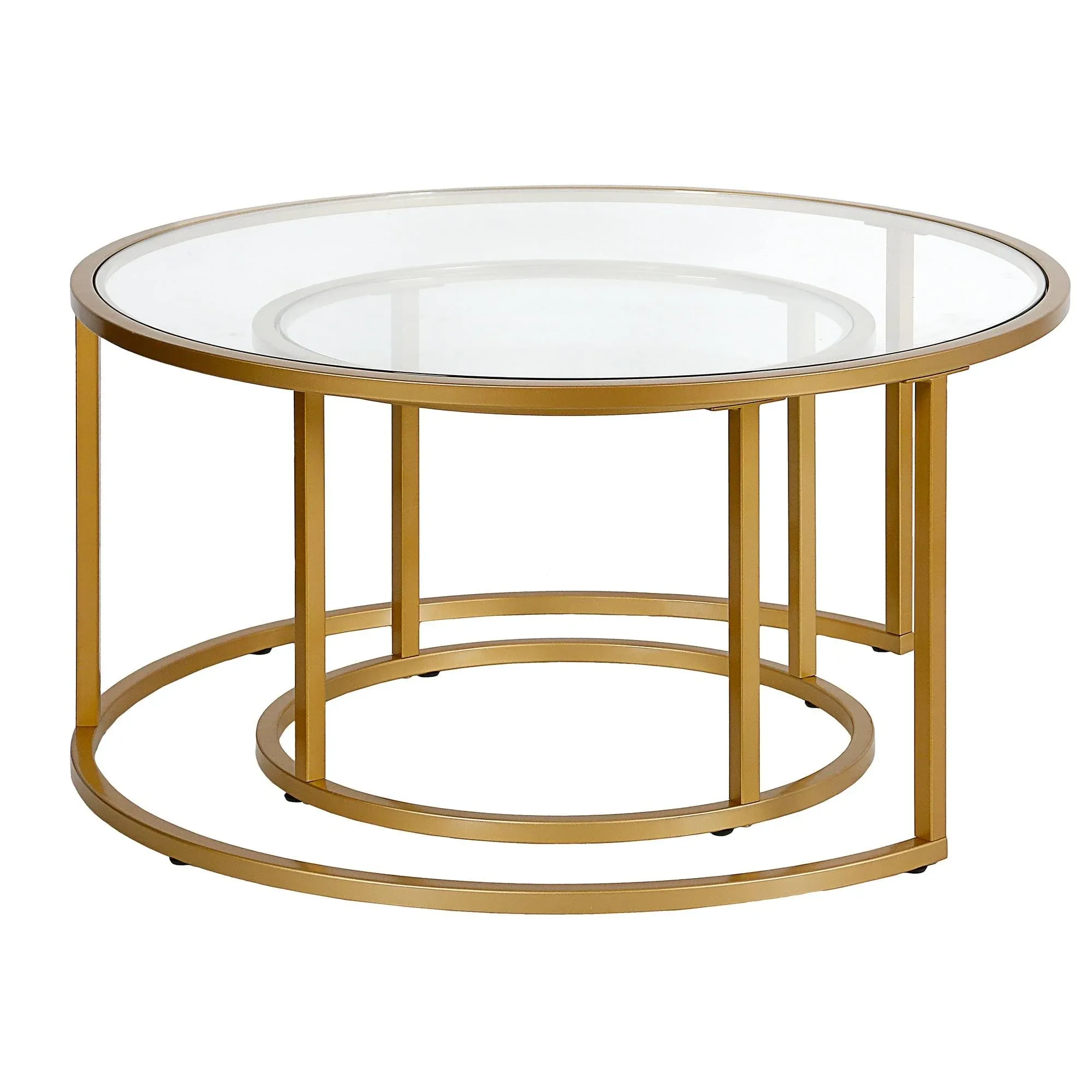 Homeroots Set of Two 35" Gold Glass and Steel Round Nested Coffee Tables - 35