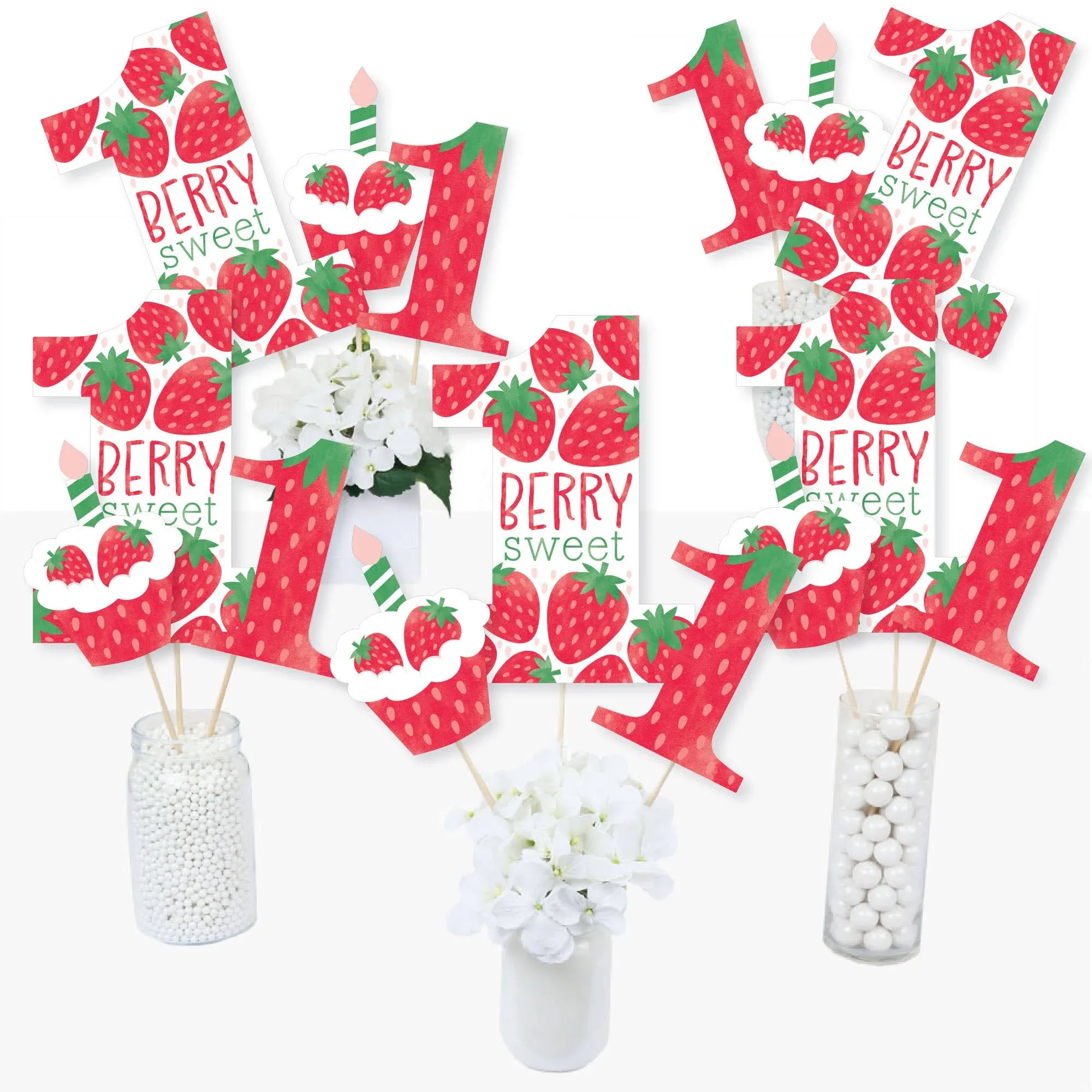 Big Dot of Happiness Berry First Birthday - Sweet Strawberry - Fruit 1st Birthday Party Centerpiece Sticks - Table Toppers - Set of 15