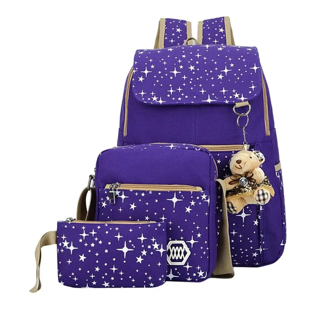 Women Backpack 3pcs/set School Bags Star Printing Cute With Bear For Teenagers