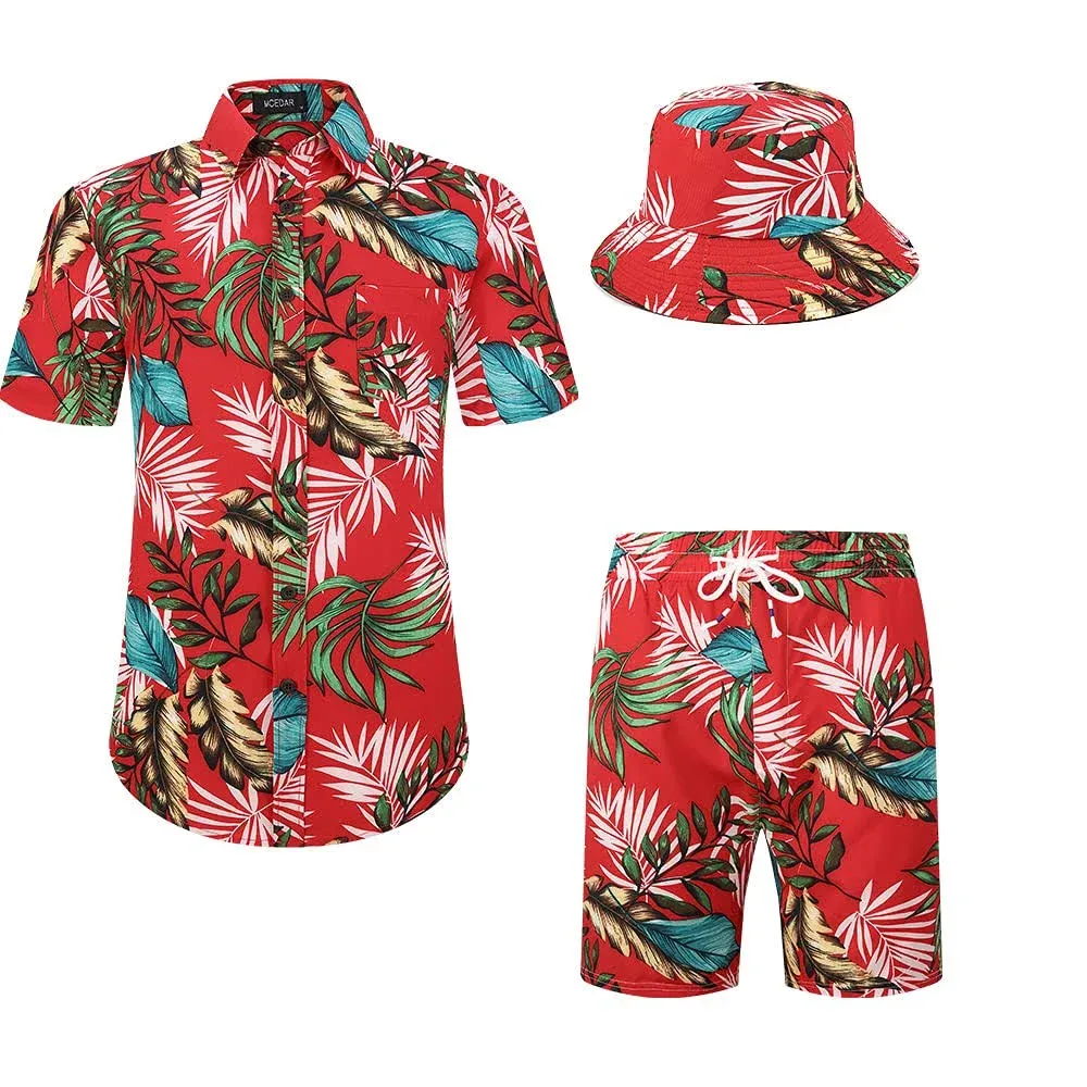 MCEDAR Mens Hawaiian Shirt and Short 2 Piece Vacation Outfits Sets Casual Button ...