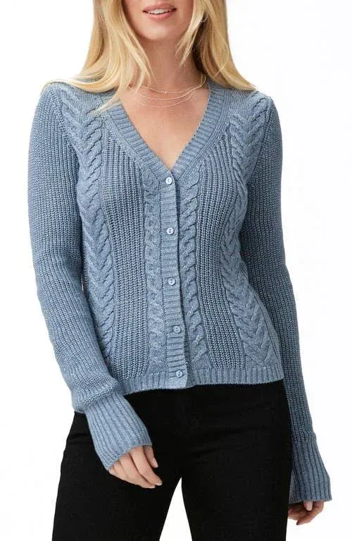 Paige Nanari Metallic Cable Knit V-Neck Cardigan in Slate Blue Sparkle