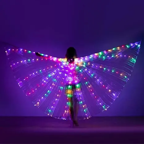 iMucci LED Lights Belly Dance Wing Isis Wings with Sticks for Adults and Child (57inch for Adult, Transparent Wings Multicolor Lights)