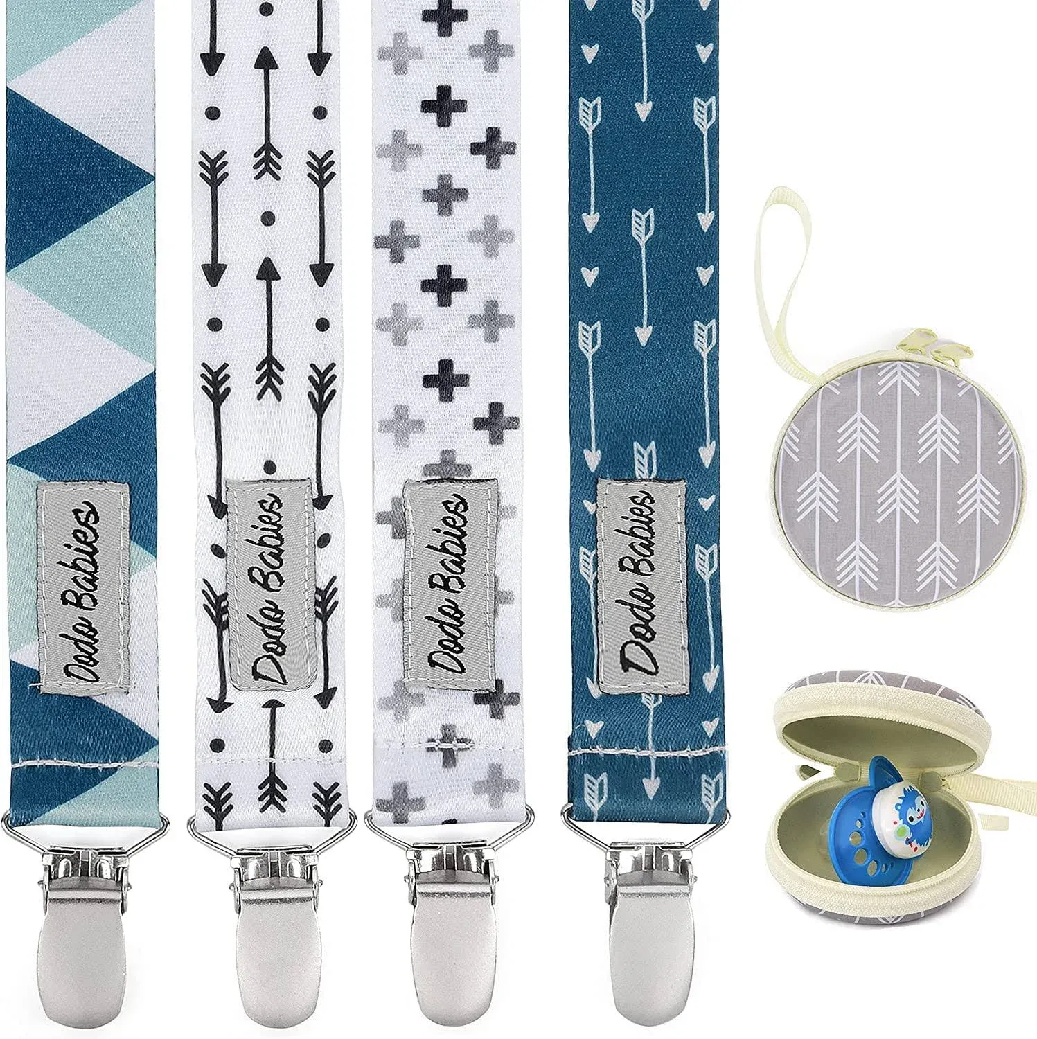 Pacifier Clip Set - Four Clips and Binky Case,Universal Holder,Blue/Te<wbr/>al Prints