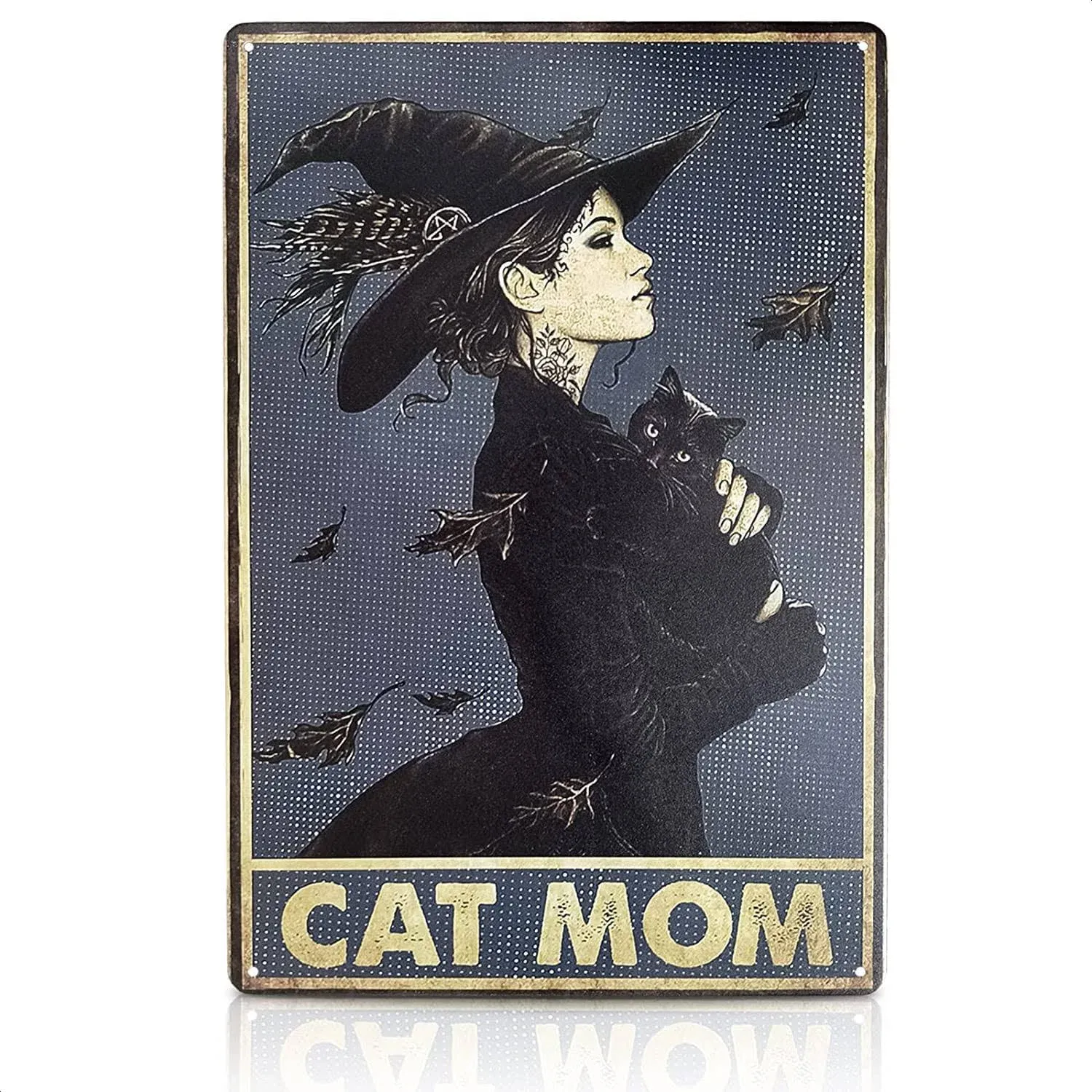 MALLONY Black Cat Mom Vintage Witch Wall Art Decor Tin Signs Metal - 8x12 Witch Decorations for Home Black Cat Decor Decorations for Room – Cat Decor Kitchen Decorations