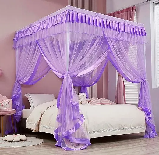 Mengersi Canopy Bed Curtains Queen Size - Bed Canopy Curtains - 4 Opening Canopy for Bed- Cute Princess Bedroom Decoration Gift (Purple, Queen)