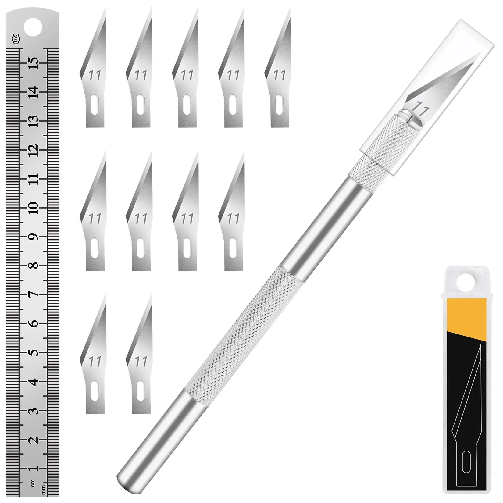 1 Pcs Craft Knife Hobby Knife with 11 Pcs Stainless Steel Blades Kit, 1pcs Steel 15MM Ruler for Art, Scrapbooking,Stencil