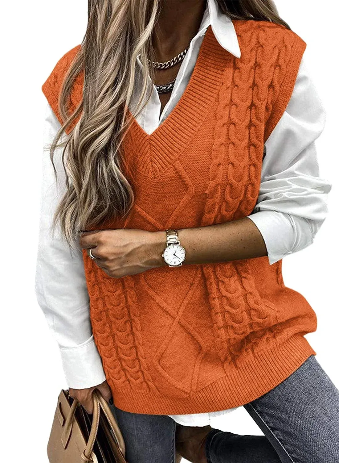 Yousify Women Cable Knit Oversize Sweater Vest V Neck Sleeveless Vintage Loose S