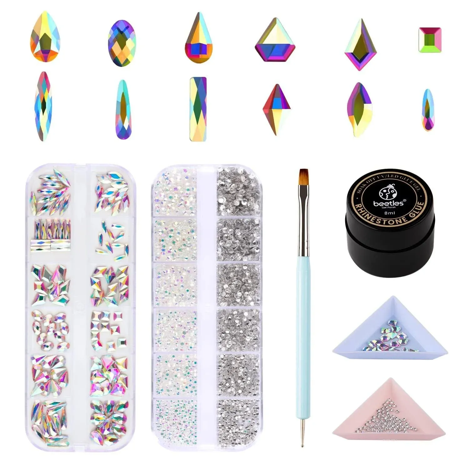 Beetles Gel Polish Nail Art Rhinestones Glue Set 120+3456 Pcs Crystal Glass AB Rhinestone Gems & Nail Gem Glue For Nails Decoration with Nail Rhinestone Gel Nail Brush Holiday Nails